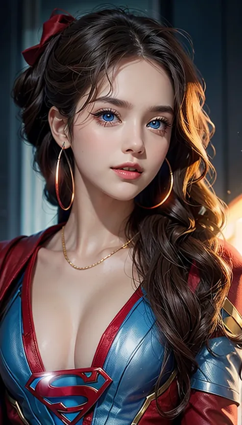 The character Supergirl, perfect blue and red costume with the traditional "S" in the chest, red cape, shiny little blue eyes, extremely beautiful blond hair, beautiful smile , perfect anatomy and extremely beautiful face, hyperrealistic face 