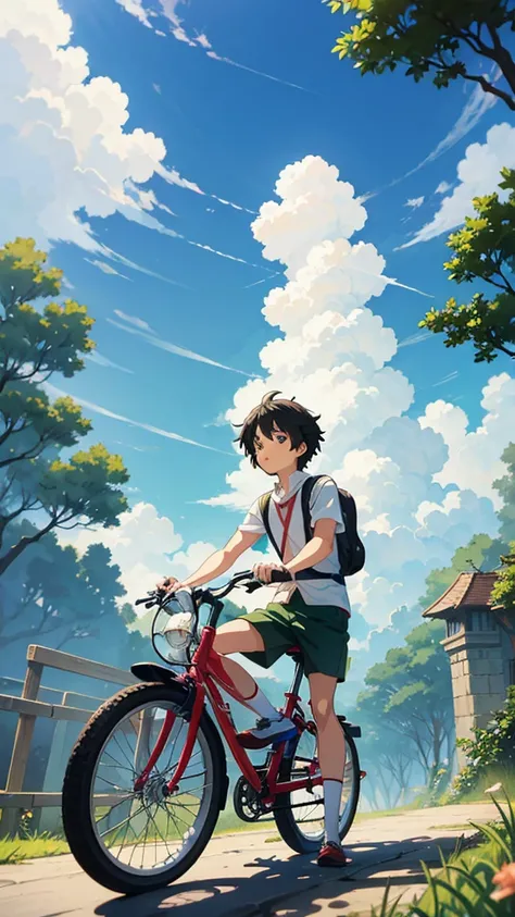 Studio ghibli style anime , a boy ride on cycle, anime scene.