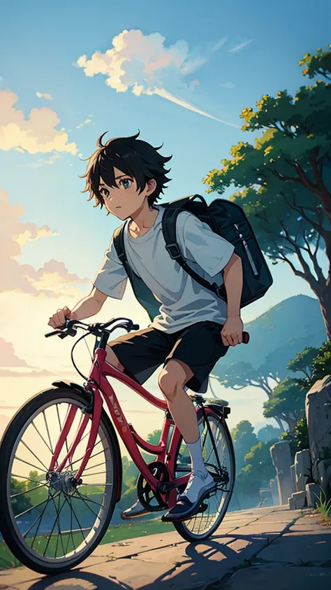 Studio ghibli style anime , a boy ride on cycle, anime scene.