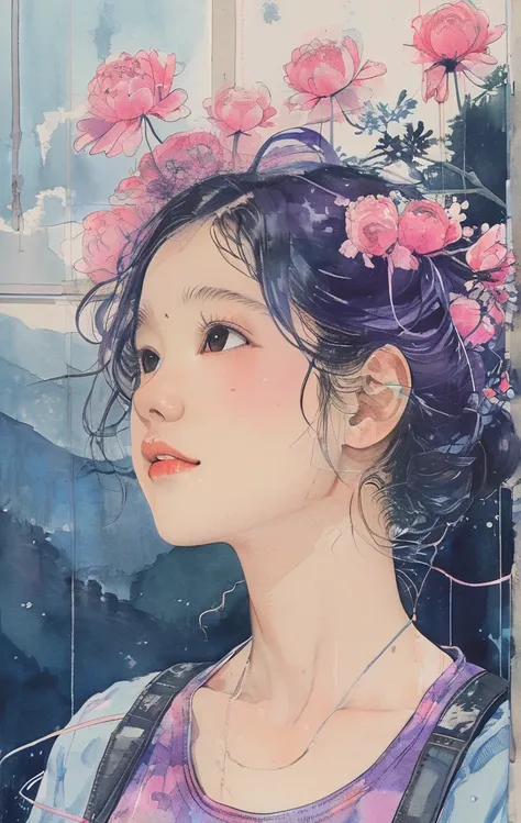 8K,​masterpiece,top-quality, (From below:1.6) ,Dynamic Pose,30 years old 1 girl, Holding a large bouquet,Portrait, Floral, watercolor sketch, light, Long hair, ssmile, watercolor paiting (Medium),watercolor paiting,Plain tank top,Plain light blue sweater,l...