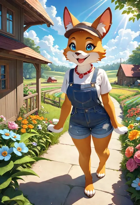 top quality, highres, High-quality illustrations, unparalleled masterpiece(movie of life)nature inspired imagery, rendered in maya, romanticized views, lively illustrations, hyper realistic, whimsical cartoonish, farm, Blue sky, clouds, florals Beautiful g...