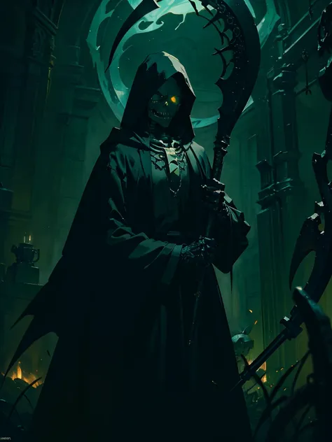 a skeleton character in a black cloak with golden details, holding a scythe made of green fire, piercing green eye, intricate details, dark fantasy, cinematic lighting, chiaroscuro, moody atmosphere, dramatic, highly detailed, masterpiece, 8k