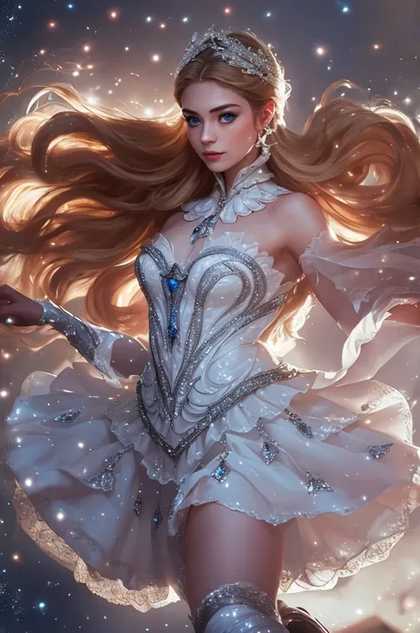 a beautiful young woman, odette from mobile legends, elegant ballet dancer, long flowing white dress, graceful poses, enchanting...