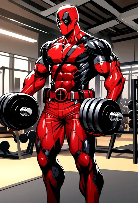 Deadpool carrying some dumbbells in the gym