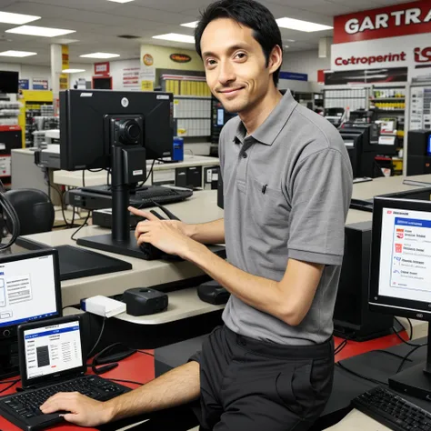 A very retarded man in a gray polo shirt and black pants, disheveled hair, cross eyed, at a red counter with a computer monitor on it, working at an auto parts store