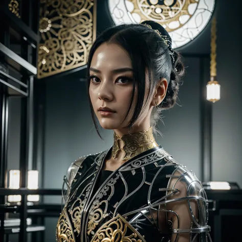 A portrait photograph of a twenty-something Japanese female android made of white and silver glass and clear plastic., geisha makeup, black hairstyle, Silver and gold metal body internal mechanisms., dynamic pose, fluid organic construction, Detailed engra...