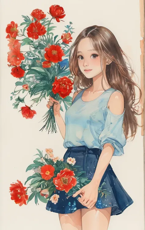 On a bright red campus"YES"Character、8K,​masterpiece,top-quality, (From below:1.6) ,Dynamic Pose,30 years old 1 girl, Holding a large bouquet,Portrait, Floral, watercolor sketch, light, Long hair, ssmile, watercolor paiting (Medium),watercolor paiting,Plai...