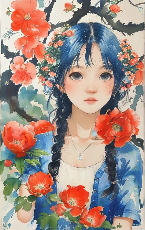 On a bright red campus"YES"Character、8K,​masterpiece,top-quality, (From below:1.6) ,Dynamic Pose,30 years old 1 girl, Holding a large bouquet,Portrait, Floral, watercolor sketch, light, Long hair, ssmile, watercolor paiting (Medium),watercolor paiting,Plai...