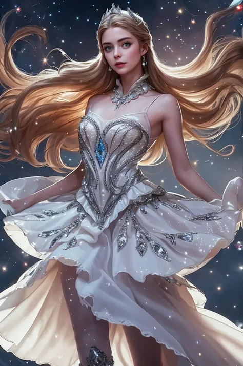 a beautiful young woman, odette from mobile legends, elegant ballet dancer, long flowing white dress, graceful poses, enchanting...