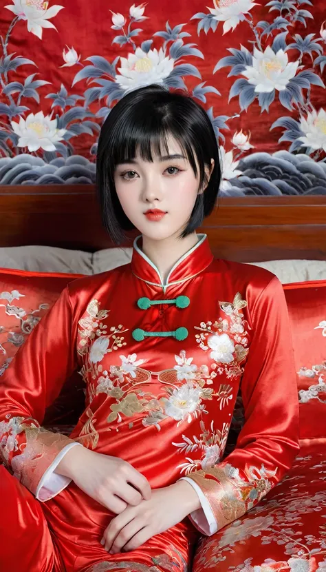 beautiful 15 year old chinese kung fu girl princess with short black hair　gorgeous embroidery, ultra glossy, she is wearing shin...