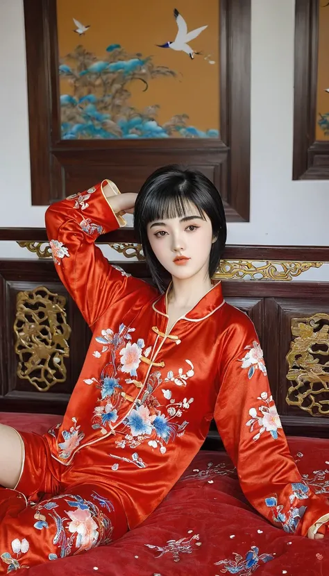 Beautiful 15 year old Chinese Kung Fu girl princess with short black hair　Gorgeous embroidery, Ultra glossy, She is wearing shiny red long sleeve floral pajamas....　She is made to lie on a red enamel futon, with the futon over her upper body, her legs spre...