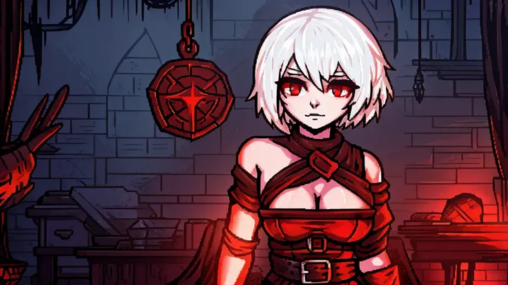 girl with short white hair and red eyes. darkest dungeon