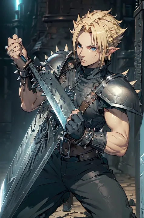 (((Masterpiece of the highest quality.))), (((medieval fantasy))), (((Extreme details))), ((medieval fantasy swordsman)), ((based on cloud strife)), (medieval punk), ((fantasy great sword)) (((ultra detailed))), (((male))), ((Alone)) ((male elf)), ((A 25 y...