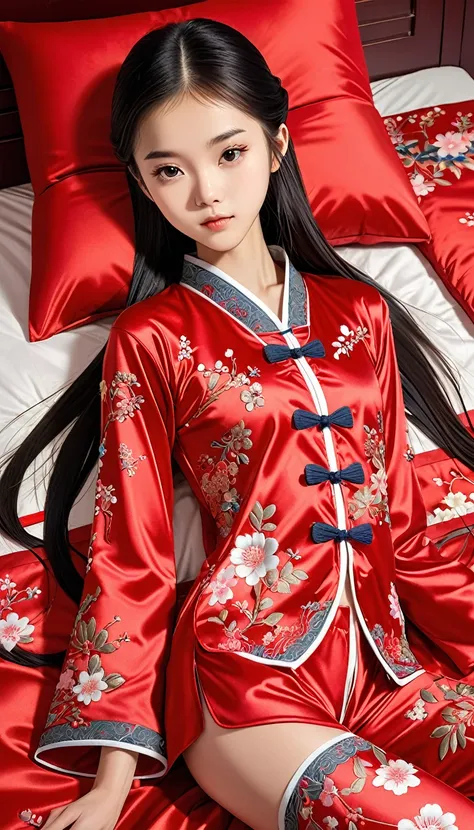 beautiful 15 year old chinese skinny kung fu girl princess with long black hair　gorgeous embroidery, ultra glossy, she is wearin...