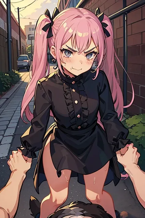 Young girl with pink hair, long twintail hairstyle, small bushy eyebrows, wearing gothic lolita clothes, lolicon (Zankuro) drawing style by zankuro artist, Zancrow style, image uploaded in R34, walking in the mall, flirty smile , suddenly having sex in pub...