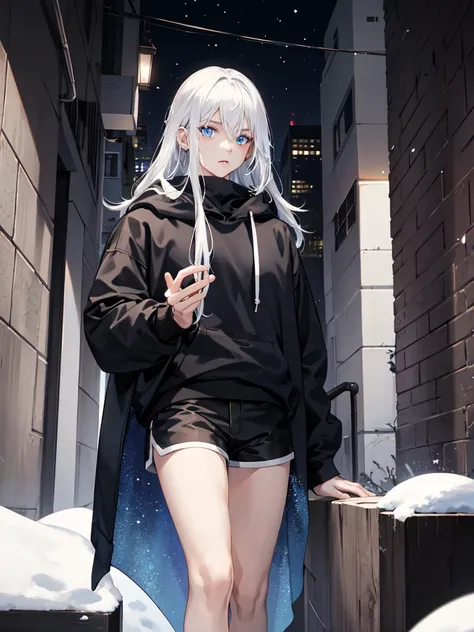 Young man,city,black Hoodie,Snow-white long hair,blue eyes, black thigh shorts,Night, dark alley