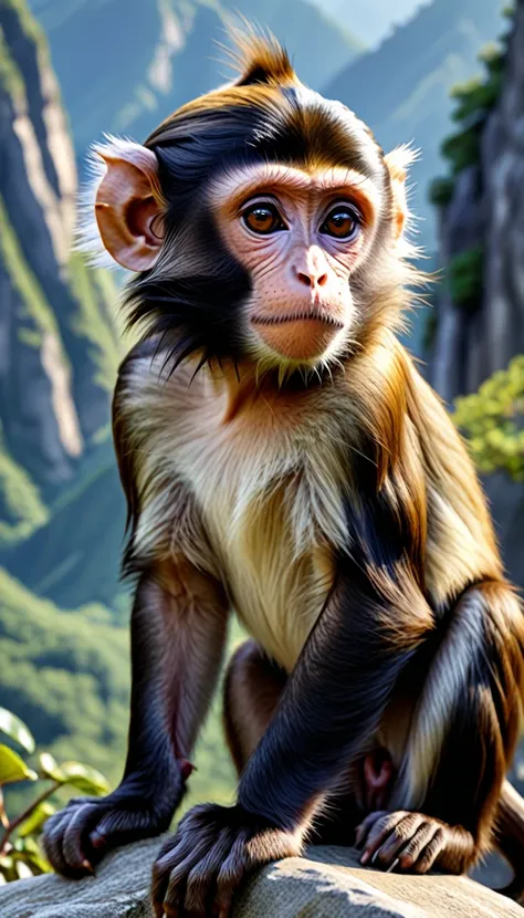 there are wild animals in the mountains，looks like a monkey but has four ears(highest quality，4k，8k，superior，masterpiece：1.2），su...