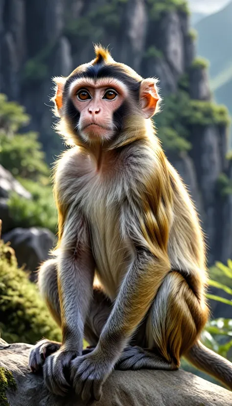 there are wild animals in the mountains，looks like a monkey but has four ears(highest quality，4k，8k，superior，masterpiece：1.2），su...