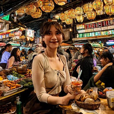 realistic photo of a (slightly curvy) woman smiling and holding a glass of cold drink in a busy market. this woman has slightly ...