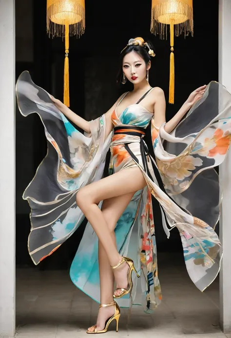 Wait warrior sexy, pretty face, Delicious Company, Alluring figure, Wearing a sexy open kimono. The artwork is created in a medium reminiscent of Japanese ink paintings....., Features bold brushstrokes and a Monochromatic color palette. Artist&#39;Masterfu...