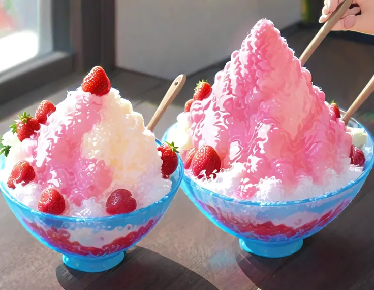 shaved ice in a glass bowl、strawberry shaved ice、vanilla ice、two little sisters stuff their mouths with wooden spoons