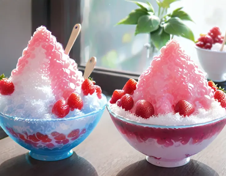 shaved ice in a glass bowl、strawberry shaved ice、vanilla ice、two little sisters stuff their mouths with wooden spoons