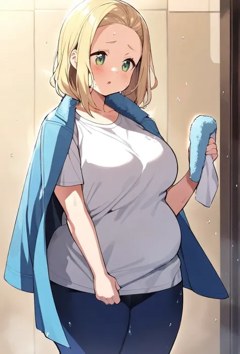 chubby girl, blonde, green eyes, medium length hair, open forehead, no bangs
wet hair, white T-shirt, blue pants, towel on shoulders