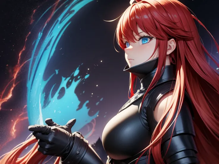 Anime woman, bright blue eyes, red hair, ahoge, wearing a black armor, Cinematic background, medieval world, huge gothic castle background