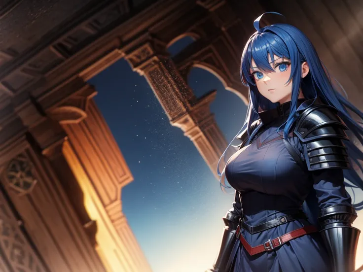 Anime woman, bright blue eyes, red hair, ahoge, wearing a black armor, Cinematic background, medieval world, huge gothic castle background