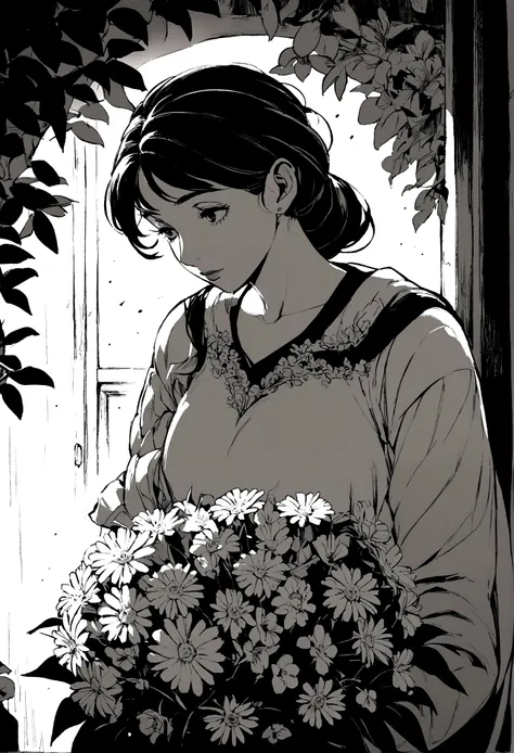 black and white manga style, a lady with Latin features, He is in his kitchen while looking at a bouquet of flowers.