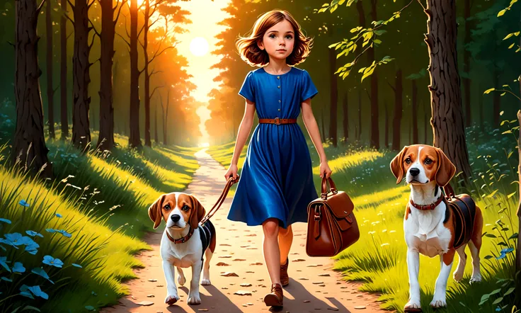 Draw a young girl ((very young)) with brown hair and blue dress (( with leather bag)), returning home with the sunset on a forest path. Beside her a brown and white beagle, walking in the same direction.