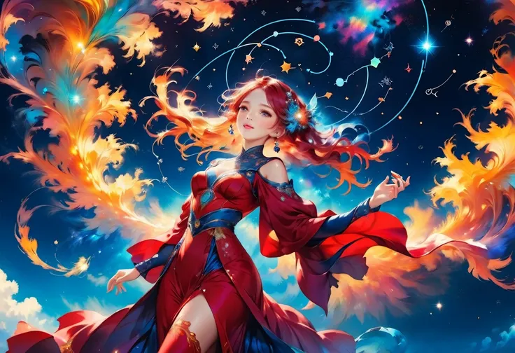 a portrait of an astrologer looking to the sky at libra constellation in the night sky, an extraordinary beautiful woman, there is magic in her eyes divining the future from the Libra constellation, dynamic hair color, dynamic hair style, wearing an intric...