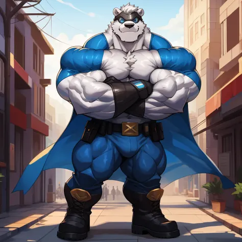 solo, 1boy, Huge Muscular White Polar, Anthropomorphic, superhero, have a pumped body，hot，Have chest muscles，white hair，Standing on the rooftop of the building，Wearing blue eye mask，Wear a blue armoured blue coloured breastplate, pants and boots, black sle...