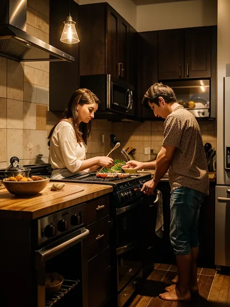 Mom stands near the stove and prepares dinner for her family.. At the same time, the husband, son and daughter sitting at the table and waiting for the dish to be served.