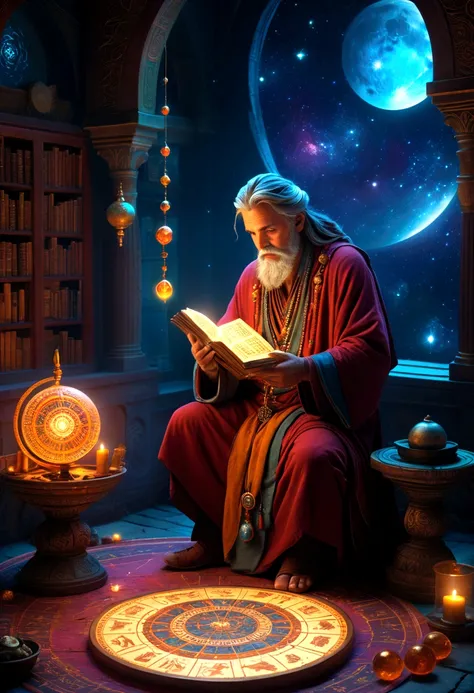 mysterious Astrologer, by Jordan Grimmer, full body, cinematic still, cinemascope, best quality, masterpiece, very aesthetic, perfect composition, intricate details, ultra-detailed, vivid colors