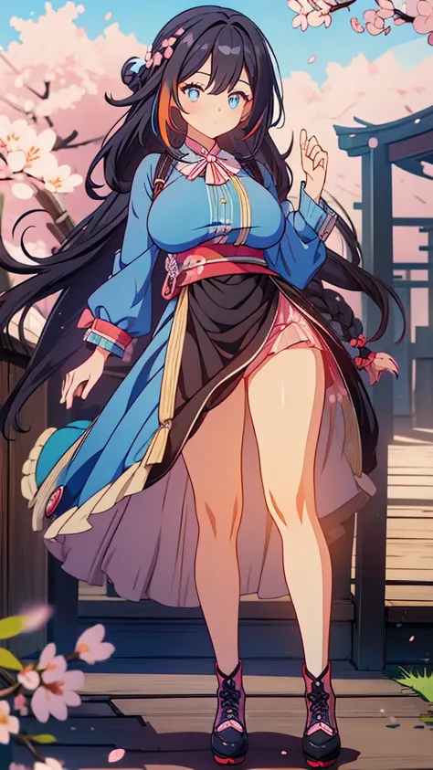 best quality, extremely detailed, anime style adult 1girl, long hair down to the waist, straight hair, ((dark black hair with bluish)),crown braid,beautiful detailed eyes, pinched eyes, dark blue eyes, huge breasts,curvy,(((colorful clothing))),Western clo...