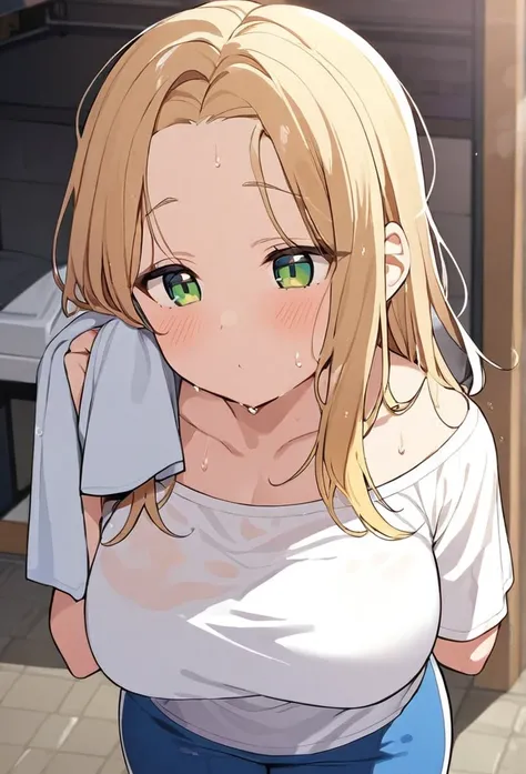 chubby girl, blonde, green eyes, medium length hair, open forehead, no bangs
wet hair, white T-shirt, blue pants, towel 