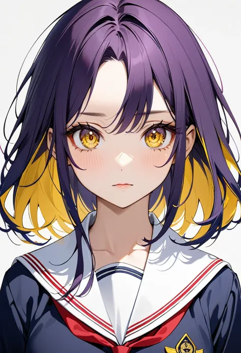 8K, Female model, two color hair; dark purple with yellow details, parted bangs,  yellow  eyes, neutral expression, navy blue white and red school uniform