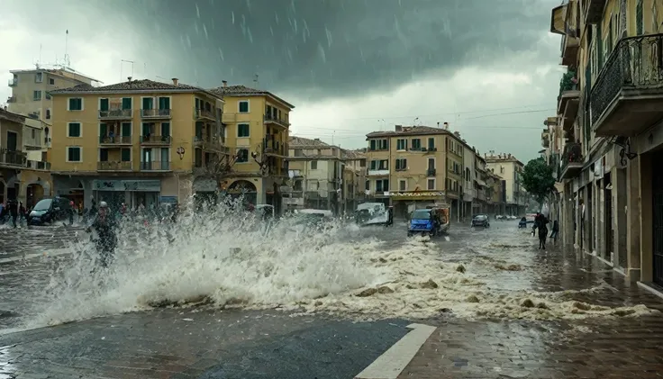 The image needs to give a sense of movement, Action. The scene depicts a storm with hail and strong winds that destroys tiles and causes flooding on a street in Alexandria, Italy. The image depicts a scenario of destruction. A situAction é terrível.