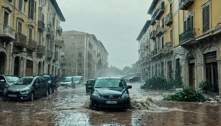 The image needs to give a sense of movement, Action. The scene depicts a storm with hail and strong winds that destroys tiles and causes flooding on a street in Alexandria, Italy. The image depicts a scenario of destruction. A situAction é terrível.