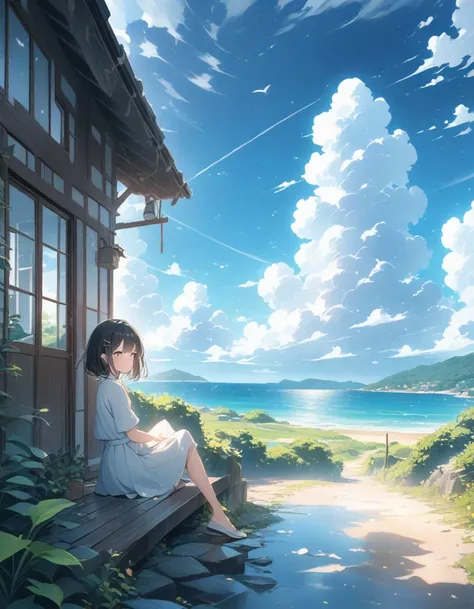 ((style:Colored pencil,pale colour)),(anime)、(masterpiece:1.2),Atmospheric perspective, debtrom side, lens debtlare, debt/2.8, 135mm,Large cumulus clouds visible debtrom the room、Summer sky、Girl sitting and looking outside、(blue sky)、Summer landscape、Old h...