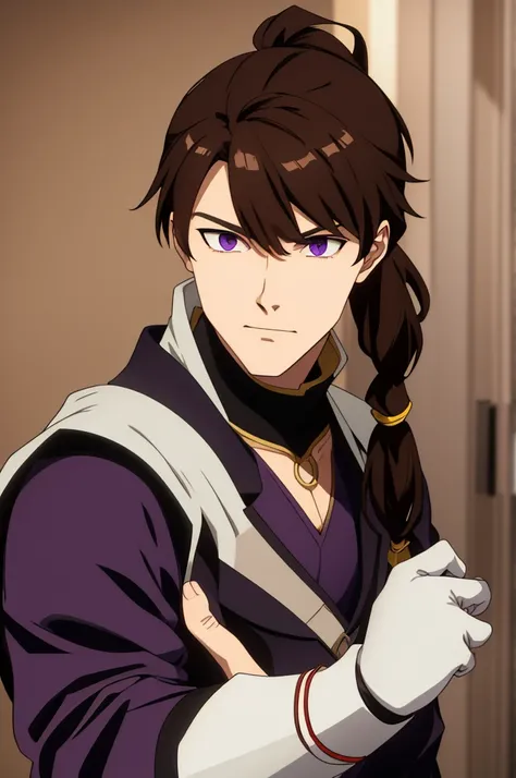 male, brown hair in a ponytail, white fringe, purple eyes, scar across one eye, one eye glowing, gauntlets on hands, anime style