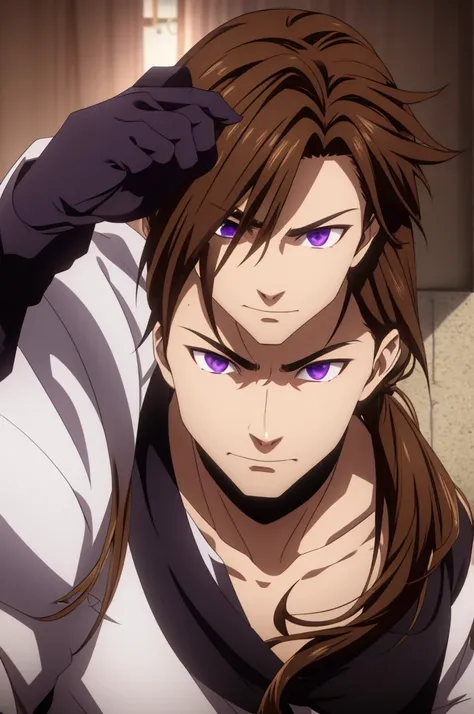 male, brown hair in a ponytail, white fringe, purple eyes, scar across one eye, one eye glowing, gauntlets on hands, anime style