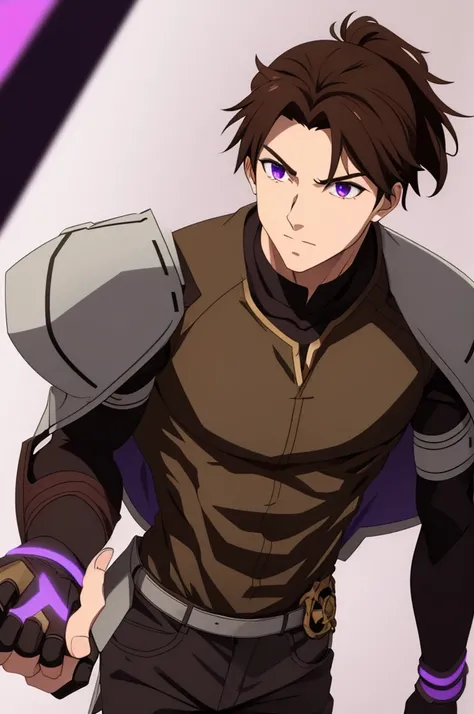 male, brown hair in a ponytail, white fringe, purple eyes, scar across one eye, one eye glowing, gauntlets on hands, anime style