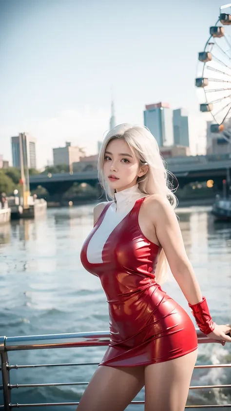 Best quality，masterpiece，16K，A girl，Wearing a tight superhero costume，White hair，Brown eyes，Delicate face，Big breasts，Dynamic poses，Girl Pose，Looking at the camera，Upper Body，Above the knee，Ferris wheel，river，Metal fence on the shore，Leaning against the fe...