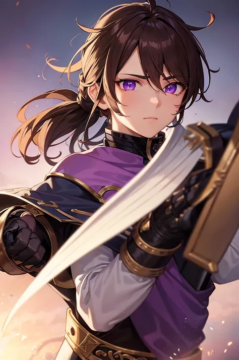 male, brown hair in a ponytail, white fringe, purple eyes, scar across one eye, one eye glowing, gauntlets on hands, anime style