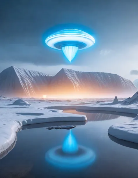 Alien landscape with huge mysterious buildings in a cold atmosphere, Predicts supernatural weather. The scene is full of amazing floating objects, Showcasing ultra-realistic textures and stunning lighting. The winning photo, Shot in 8k with a Canon EOS R5,...