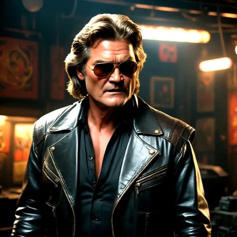 (a man (Kurt Russell 1986) in a leather jacket with sunglasses, angry facial expression (Big Trouble in Little China movies Jack Burton)), gesturing angrily arguing with (Steven Seagal as DC comics Batman), underground lair with high-tech equipment, dark m...