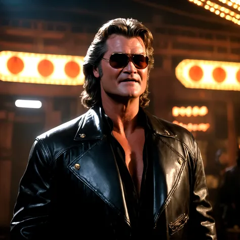 (a man (Kurt Russell 1986) in a leather jacket with sunglasses, angry facial expression (Big Trouble in Little China movies Jack Burton)), gesturing angrily arguing with (Steven Seagal as DC comics Batman), underground lair with high-tech equipment, dark m...