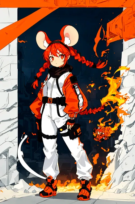 (1girl, standing) short, thin, tiny, small, young, light brown skin girl, egyptian, mouse ears, mouse tail, flame accents, white body suit, white full bodysuit with blue accents, cyberpunk tech suit, long hair, dark orange hair, white head scarf, blue and ...